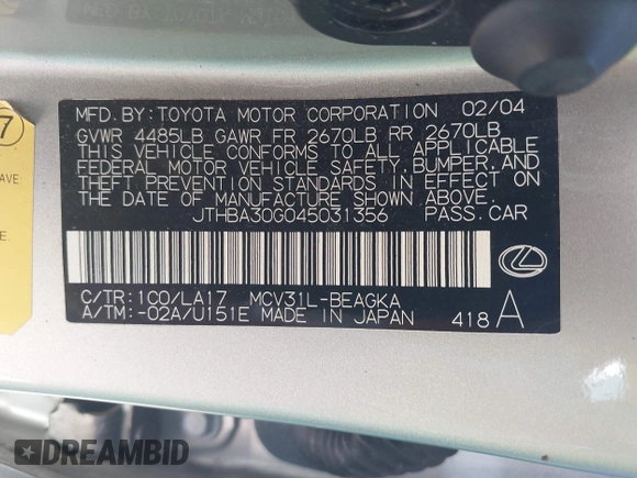 2004 Lexus ES 350 with VIN JTHBA30G045031356, listed as a IAAI auction lot 41155167 with 169,883 mi miles and . Bid and sale history available at DreamBid. Image 9.