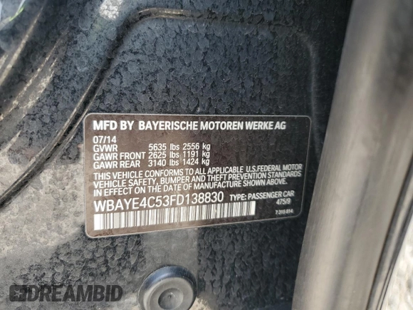 2015 BMW 7 Series 740Li with VIN WBAYE4C53FD138830, listed as a Copart auction lot 60866995 with 190,317 mi miles and Clean title. Bid and sale history available at DreamBid. Image 12.