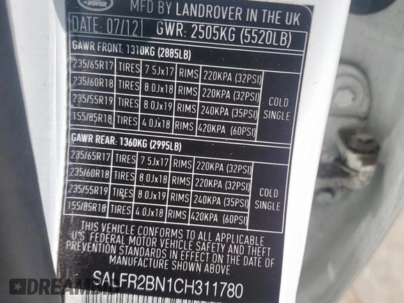2012 Land Rover LR2 HSE with VIN SALFR2BN1CH311780, listed as a Copart auction lot 63838345 with 89,592 mi miles and Salvage title. Bid and sale history available at DreamBid. Image 13.