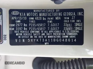 2011 Kia Sorento LX with VIN 5XYKT3A11BG048614, listed as a IAAI auction lot 41866733 with 221,612 mi miles. Bid and sale history available at carsss.com. Image 9.