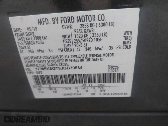 2018 Ford Explorer Sport with VIN 1FM5K8GT8JGB79584, listed as a IAAI auction lot 41894627 with 99,143 mi miles and . Bid and sale history available at DreamBid. Image 9.