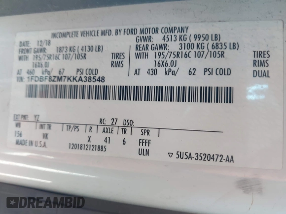 2019 Ford Transit with VIN 1FDBF8ZM7KKA38548, listed as a IAAI auction lot 42251683 with 115,163 mi miles and . Bid and sale history available at DreamBid. Image 9.