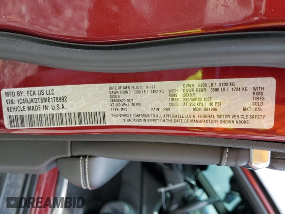 2021 Jeep Grand Cherokee Overland with VIN 1C4RJKDT6M8178992, listed as a Copart auction lot 63061395 with 62,051 mi miles and Salvage title. Bid and sale history available at DreamBid. Image 14.