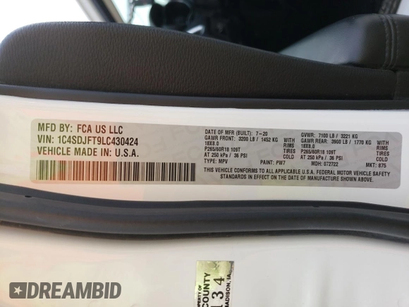 2020 Dodge Durango Pursuit with VIN 1C4SDJFT9LC430424, listed as a Copart auction lot 53405655 with 98,267 mi miles and Clean title. Bid and sale history available at DreamBid. Image 14.