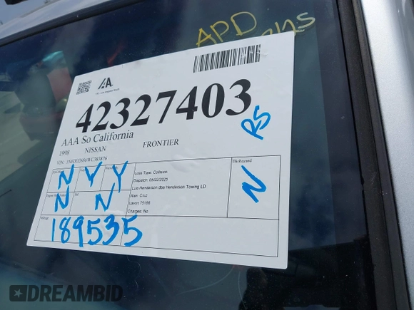 1998 Nissan Frontier XE with VIN 1N6DD26S6WC383876, listed as a IAAI auction lot 42327403 with 189,535 mi miles and . Bid and sale history available at DreamBid. Image 13.