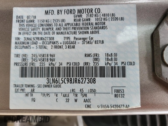 2018 Lincoln MKZ Select с VIN 3LN6L5C98JR627308, выставлен на аукционе Copart как лот 59368085 с пробегом 80 378 миль миль и Списание • Salvage title. История ставок и продаж доступна на DreamBid. Изображение 12.