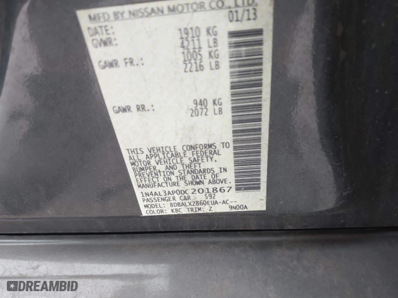 2013 Nissan Altima 2.5 SL with VIN 1N4AL3AP0DC201867, listed as a IAAI auction lot 41485740 with 100,173 mi miles. Bid and sale history available at carsss.com. Image 9.