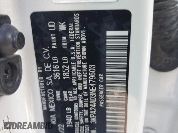 2022 Kia Rio LX with VIN 3KPA24AD3NE479603, listed as a Copart auction lot 49273645 with 67,286 mi miles and Salvage Title. Bid and sale history available at DreamBid. Image 13.