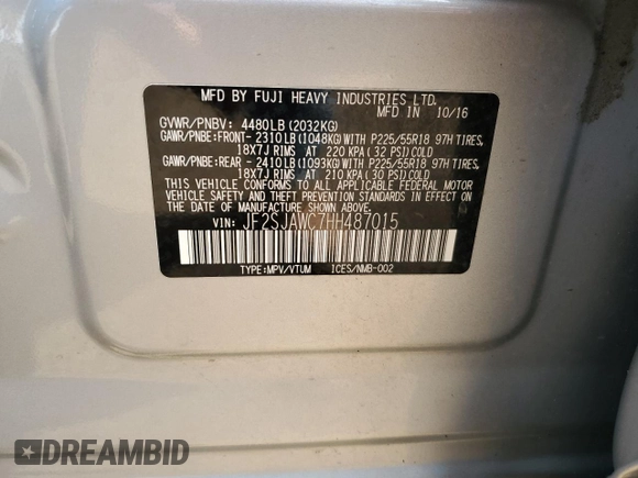2017 Subaru Forester Touring with VIN JF2SJAWC7HH487015, listed as a Copart auction lot 59976615 with 97,218 mi miles and Salvage title. Bid and sale history available at DreamBid. Image 14.