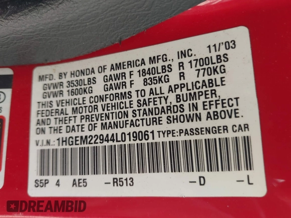 2004 Honda Civic EX with VIN 1HGEM22944L019061, listed as a IAAI auction lot 42377523 with 227,349 mi miles and . Bid and sale history available at DreamBid. Image 9.