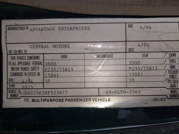1994 GMC Vandura z VIN 1GDEG25K2RF523677, wystawiony jako IAAI lot #42500077 z przebiegiem 184 965 mil mil oraz . Historia ofert i sprzedaży dostępna na DreamBid. Obrazek 9.