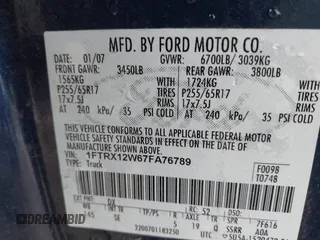 2007 Ford F-150 STX with VIN 1FTRX12W67FA76789, listed as a IAAI auction lot 41307835 with 190,683 mi miles and . Bid and sale history available at DreamBid. Image 9.