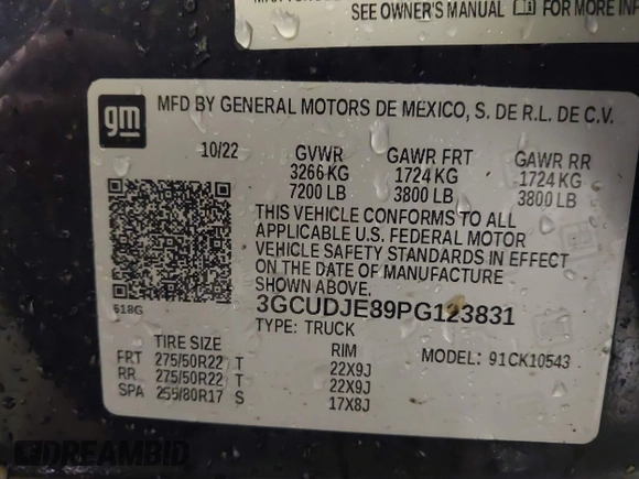 2023 Chevrolet Silverado 1500 with VIN 3GCUDJE89PG123831, listed as a IAAI auction lot 41361355 with 26,116 mi miles and . Bid and sale history available at DreamBid. Image 9.
