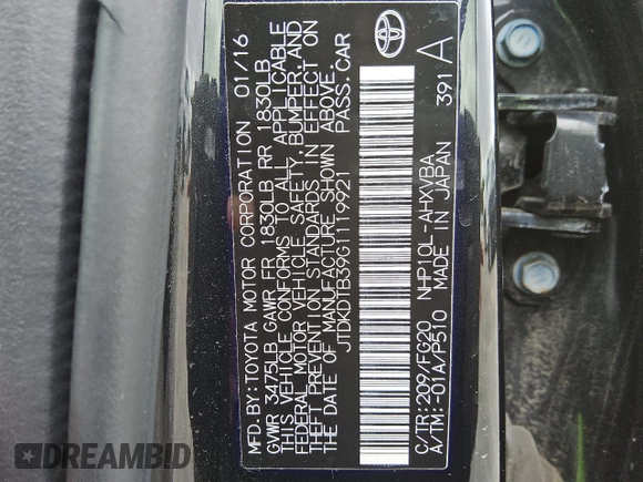 2016 Toyota Prius One with VIN JTDKDTB39G1119921, listed as a Copart auction lot 58022735 with 69,833 mi miles and Clean title. Bid and sale history available at DreamBid. Image 13.