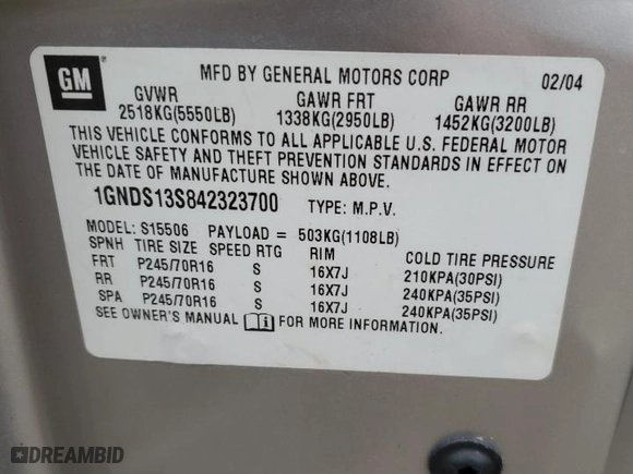 2004 Chevrolet TrailBlazer LT with VIN 1GNDS13S842323700, listed as a Copart auction lot 44176895 with 165,541 mi miles and Salvage Title. Bid and sale history available at carsss.com. Image 15.