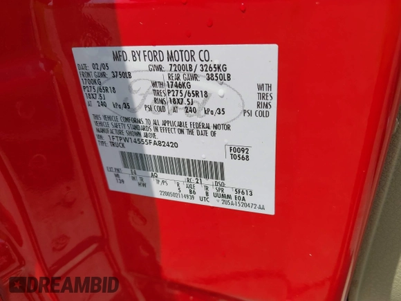 2005 Ford F-150 XLT с VIN 1FTPW14555FA82420, выставлен на аукционе IAAI как лот 42576949 с пробегом 176 361 миль миль и . История ставок и продаж доступна на DreamBid. Изображение 9.