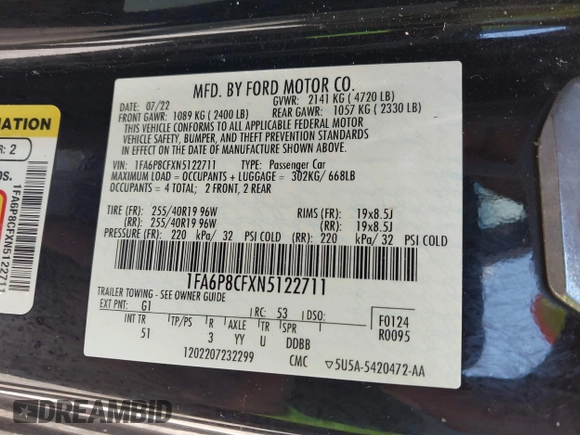2022 Ford Mustang GT with VIN 1FA6P8CFXN5122711, listed as a IAAI auction lot 42224835 with 40,636 mi miles and . Bid and sale history available at DreamBid. Image 9.