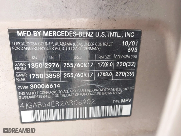 2002 Mercedes-Benz M-Class with VIN 4JGAB54E82A308902, listed as a IAAI auction lot 41779482 with 99,933 mi miles. Bid and sale history available at carsss.com. Image 9.