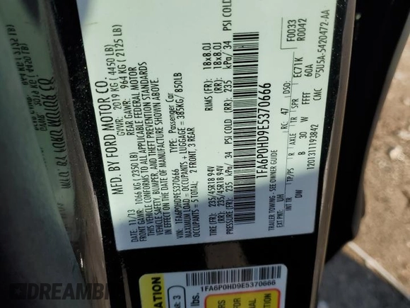 2014 Ford Fusion SE with VIN 1FA6P0HD9E5370666, listed as a Copart auction lot 52526895 with 114,964 mi miles and Salvage Title. Bid and sale history available at DreamBid. Image 12.