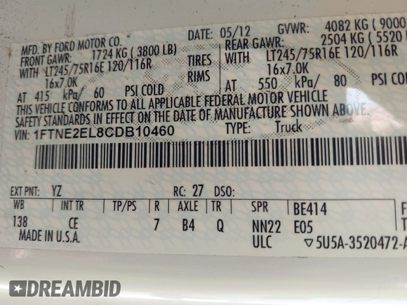 2012 Ford Econoline Cargo Commercial with VIN 1FTNE2EL8CDB10460, listed as a IAAI auction lot 41992576 with 137,224 mi miles and . Bid and sale history available at DreamBid. Image 9.