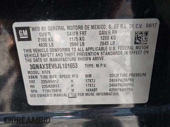 2018 Chevrolet Equinox LT with VIN 3GNAXSEV6JL101653, listed as a IAAI auction lot 41998724 with 103,465 mi miles. Bid and sale history available at carsss.com. Image 9.