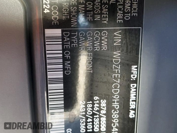 2017 Mercedes-Benz Sprinter with VIN WDZFE7CD9HP389548, listed as a Copart auction lot 42171945 with 126,113 mi miles and Salvage Title. Bid and sale history available at DreamBid. Image 13.