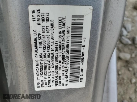2016 Honda Odyssey Touring Elite with VIN 5FNRL5H96GB158496, listed as a Copart auction lot 53031525 with Not Provided miles and Salvage Title. Bid and sale history available at carsss.com. Image 13.
