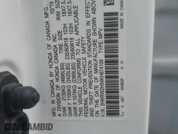 2019 Honda CR-V EX with VIN 2HKRW2H54KH674109, listed as a Copart auction lot 50456785 with 82,770 mi miles and Salvage Title. Bid and sale history available at DreamBid. Image 13.