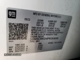 2023 Chevrolet Tahoe RST с VIN 1GNSCRKD4PR393695, выставлен на аукционе Copart как лот 45428455 с пробегом Не указан миль и Списание • Salvage title. История ставок и продаж доступна на DreamBid. Изображение 15.