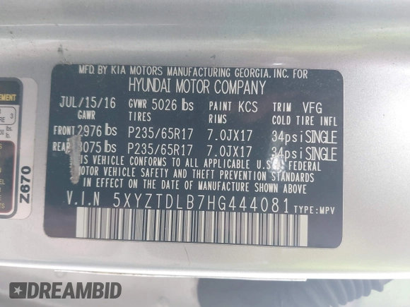 2017 Hyundai Santa Fe 2.4L with VIN 5XYZTDLB7HG444081, listed as a IAAI auction lot 42207558 with 119,054 mi miles and . Bid and sale history available at DreamBid. Image 9.