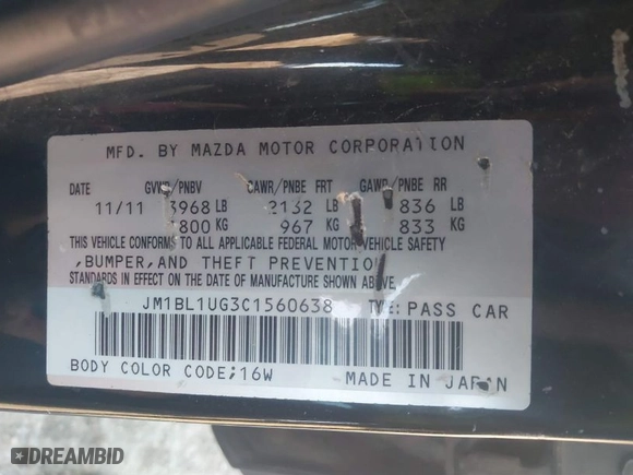 2012 Mazda Mazda3 i Sport with VIN JM1BL1UG3C1560638, listed as a IAAI auction lot 41759934 with NaN miles. Bid and sale history available at carsss.com. Image 9.
