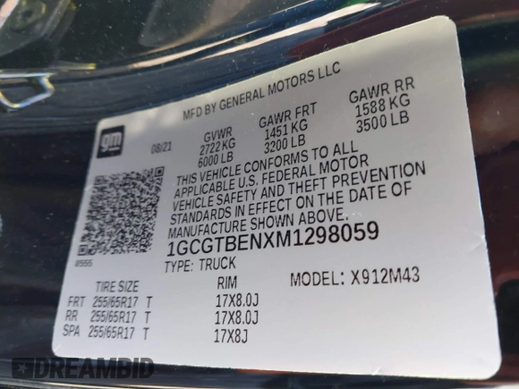 2021 Chevrolet Colorado 4WD Work Truck with VIN 1GCGTBENXM1298059, listed as a IAAI auction lot 41465118 with Not provided miles and . Bid and sale history available at DreamBid. Image 9.