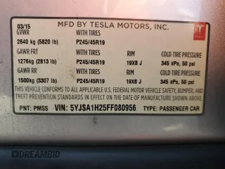 2015 Tesla Model S 85D with VIN 5YJSA1H25FF080956, listed as a Copart auction lot 45336675 with 118,377 mi miles and Salvage Title. Bid and sale history available at carsss.com. Image 12.