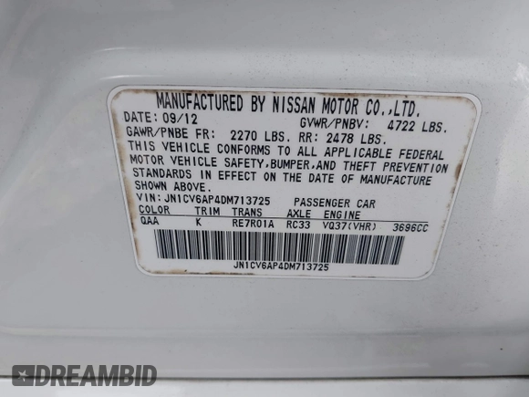 2013 Infiniti G37 Journey with VIN JN1CV6AP4DM713725, listed as a IAAI auction lot 42139687 with 130,257 mi miles and . Bid and sale history available at DreamBid. Image 9.