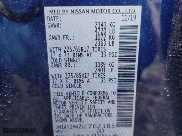 2020 Nissan Rogue SL with VIN 5N1AT2MV2LC762385, listed as a Copart auction lot 46358135 with 43,182 mi miles and Salvage Title. Bid and sale history available at carsss.com. Image 12.