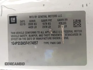 2015 Buick Verano Group z VIN 1G4PS5SK5F4174857, wystawiony jako IAAI lot #42728501 z przebiegiem 175 894 mil mil oraz . Historia ofert i sprzedaży dostępna na DreamBid. Obrazek 9.