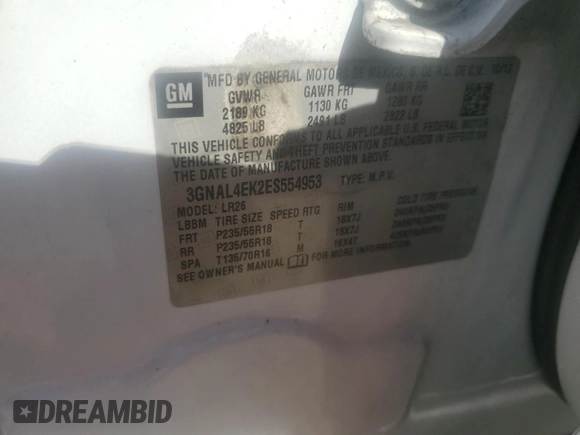 2014 Chevrolet Captiva Sport LTZ with VIN 3GNAL4EK2ES554953, listed as a Copart auction lot 77829244 with Not Provided miles and Salvage Title. Bid and sale history available at DreamBid. Image 13.