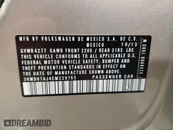 2014 Volkswagen Jetta SE with VIN 3VWD07AJ4EM229753, listed as a Copart auction lot 60331925 with 200,647 mi miles and Clean title. Bid and sale history available at DreamBid. Image 12.