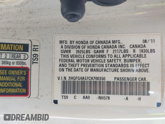 2012 Honda Civic Si with VIN 2HGFG4A57CH700350, listed as a IAAI auction lot 40497785 with 216,824 mi miles and . Bid and sale history available at DreamBid. Image 9.