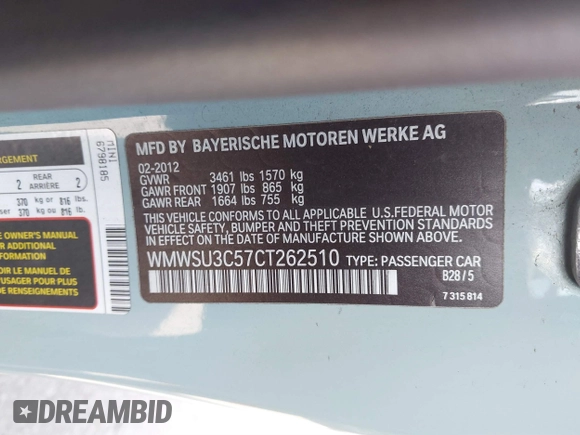 2012 MINI Hardtop with VIN WMWSU3C57CT262510, listed as a IAAI auction lot 41611853 with 77,193 mi miles and . Bid and sale history available at DreamBid. Image 9.