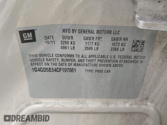 2012 Buick LaCrosse Premium 1 with VIN 1G4GD5E34CF197061, listed as a IAAI auction lot 42663053 with 172,919 mi miles and . Bid and sale history available at DreamBid. Image 9.