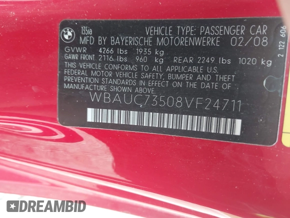2008 BMW 1 Series 135i z VIN WBAUC73508VF24711, wystawiony jako IAAI lot #42279255 z przebiegiem 131 909 mil mil oraz . Historia ofert i sprzedaży dostępna na DreamBid. Obrazek 9.