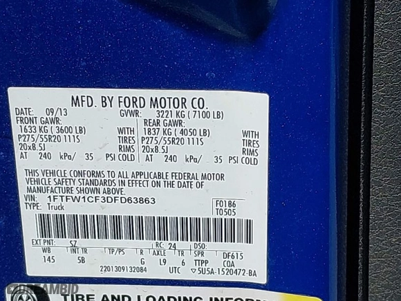 2013 Ford F-150 XL with VIN 1FTFW1CF3DFD63863, listed as a IAAI auction lot 41707964 with 163,327 mi miles. Bid and sale history available at carsss.com. Image 9.