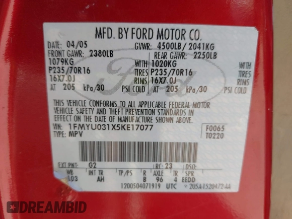 2005 Ford Escape XLT with VIN 1FMYU031X5KE17077, listed as a IAAI auction lot 42260075 with 234,758 mi miles and . Bid and sale history available at DreamBid. Image 9.