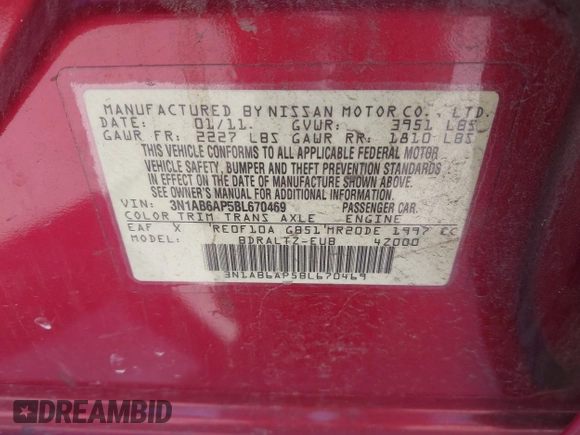 2011 Nissan Sentra 2.0 with VIN 3N1AB6AP5BL670469, listed as a IAAI auction lot 42003864 with 202,546 mi miles and . Bid and sale history available at DreamBid. Image 9.