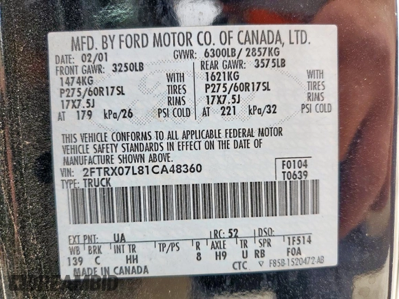 2001 Ford F-150 XL with VIN 2FTRX07L81CA48360, listed as a Copart auction lot 54317675 with Not provided miles and Salvage title. Bid and sale history available at DreamBid. Image 12.