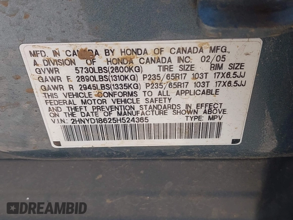 2005 Acura MDX Touring z VIN 2HNYD18625H524365, wystawiony jako IAAI lot #42336330 z przebiegiem 204 588 mil mil oraz . Historia ofert i sprzedaży dostępna na DreamBid. Obrazek 9.