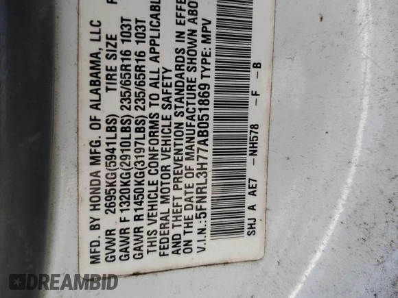 2010 Honda Odyssey EX-L with VIN 5FNRL3H77AB051869, listed as a Copart auction lot 48473815 with 248,511 mi miles and Salvage Title. Bid and sale history available at DreamBid. Image 13.