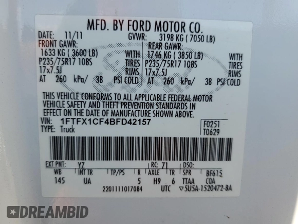 2011 Ford F-150 XL with VIN 1FTFX1CF4BFD42157, listed as a Copart auction lot 42997195 with 231,424 mi miles and Salvage Title. Bid and sale history available at carsss.com. Image 12.