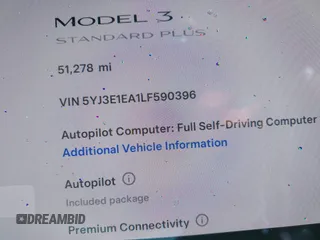 2020 Tesla Model 3 Standard Range Plus with VIN 5YJ3E1EA1LF590396, listed as a IAAI auction lot 41868089 with 51,278 mi miles. Bid and sale history available at carsss.com. Image 7.